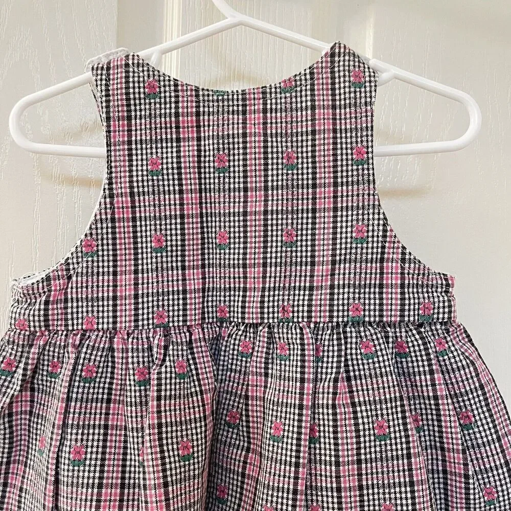 Vintage Oshkosh Baby B'gosh Floral Pink Black Plaid Dress USA Girls SZ 18 Months
